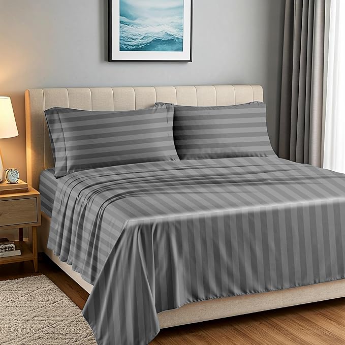Carressa Linen Egyptian Cotton Sheets - 1500 Thread Count 4 PC King Sheet Set Egyptian Cotton, Luxury Damask Sheets King Size, Silky Soft, Cooling Deep Pocket Sheet, Fits Upto 19" - Dark Grey Stripe
