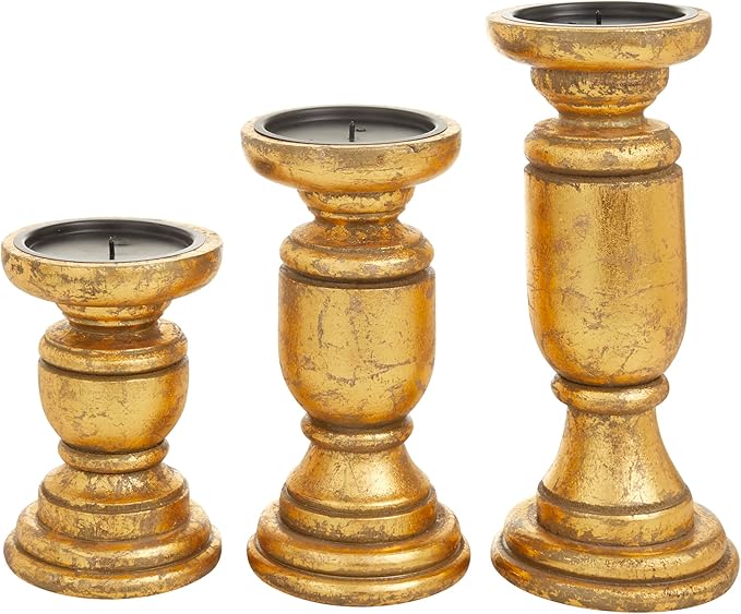 Deco 79 Mango Wood Decorative Candle Holder Turned Style Pillar Candle Stand, Set of 3 Candlestick Holder 10", 8", 6" H, Gold| (Pack of 6)
