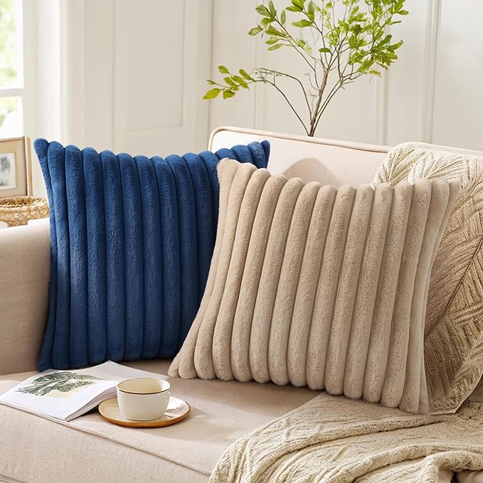 Pallene Faux Fur Plush Throw Pillow Covers 24x24 Set of 2, Luxury Soft Fluffy Striped Decorative Pillow Covers for Sofa, Couch, Living Room, Khaki