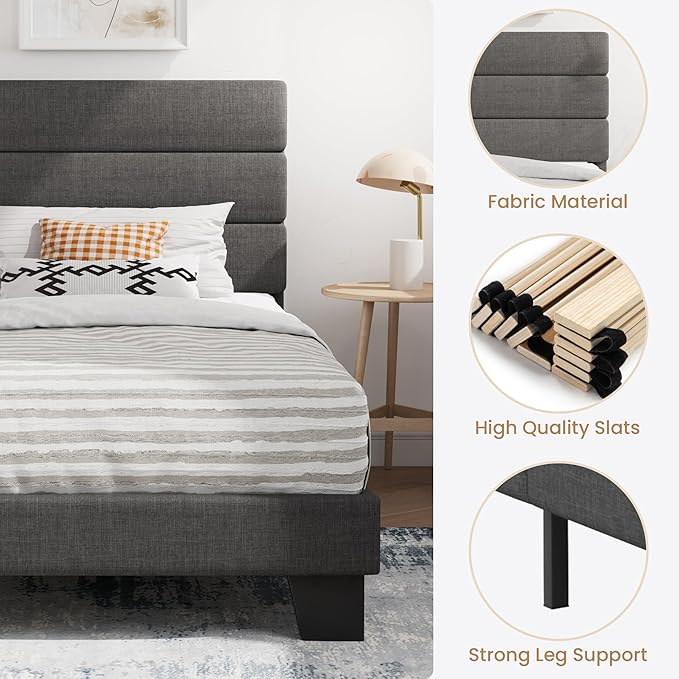 SHA CERLIN Twin Platform Bed Frame with Upholstered Fabric Headboard, Mattress Foundation with Strong Wooden Slats Support, No Box Spring Needed, Grey