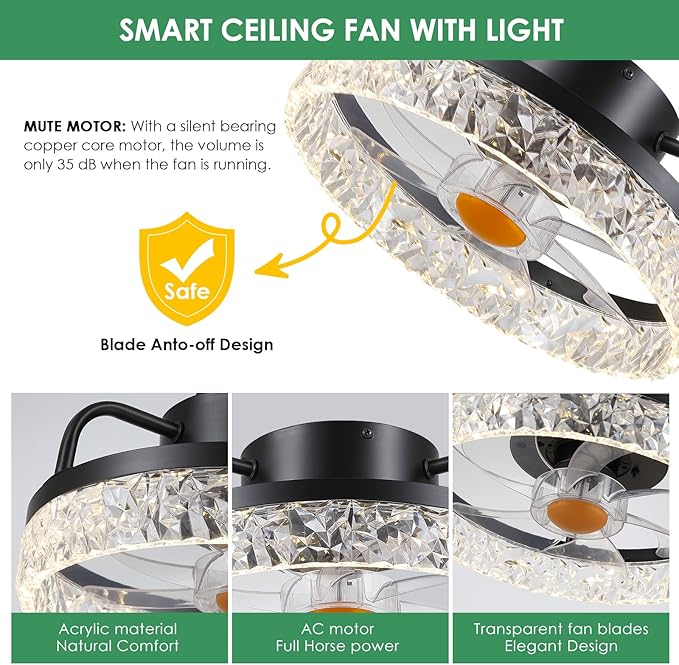13" Ceiling Fans with Lights and Remote - Flush Mount Low Profile Ceiling Fans - Bladeless Enclosed Fans with Led Light and Stepless Dimming, Small Modern Fan for Bedroom