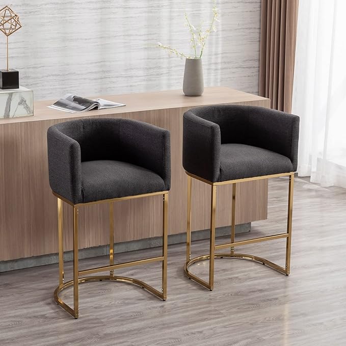 Modern Counter Height Linen Upholstered Bar Stool, 29" Kitchen Counter Island Stool Bar Chairs with Gold Metal Frame for Kitchen Island, Charcoal