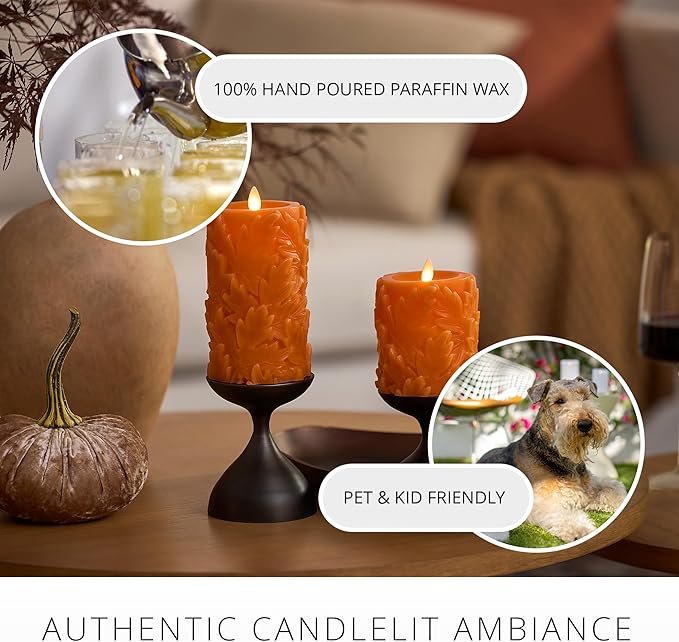 Luminara Flameless Marmalade Embossed Leaves 3.5" x 6.5" Pillar, Battery Operated & Timer Function, Fall Decorations Indoor Candle Moving Flickering Flame LED Light, Remote Ready (Sold Separately)