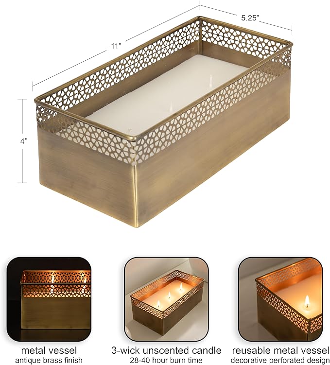 Kate and Laurel Pearce Rectangle Unscented Candle, 11 x 6 x 4, Antique Brass, Large Three-Wick Candle with Decorative Metal Vessel for Living Room Decor