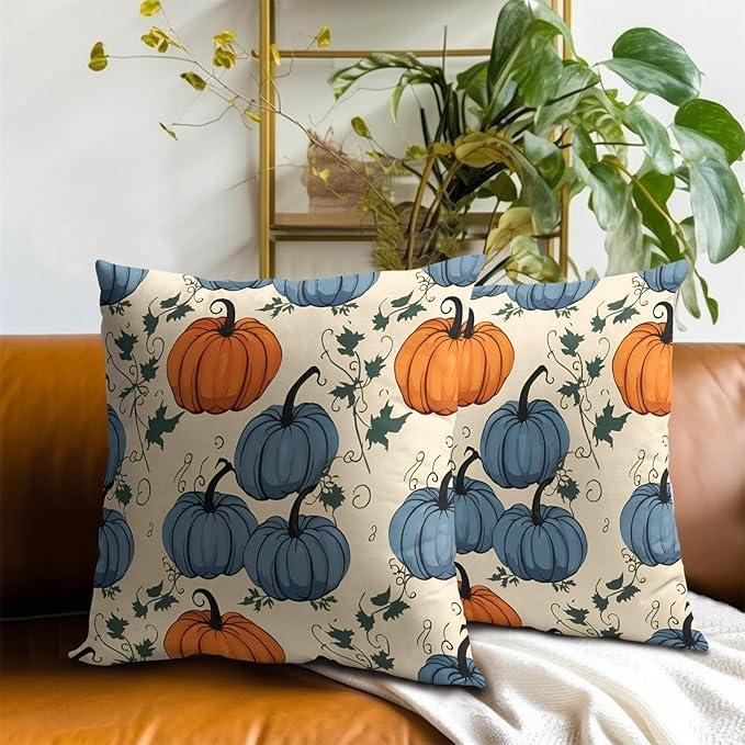 Fall Pumpkin Throw Pillow Covers - Orange Blue Pumpkins Pillow Covers 20x20 Set of 2 Autumn Harvest Pillowcase Thanksgiving Farmhouse Cushion Case for Sofa Couch Outdoor Porch
