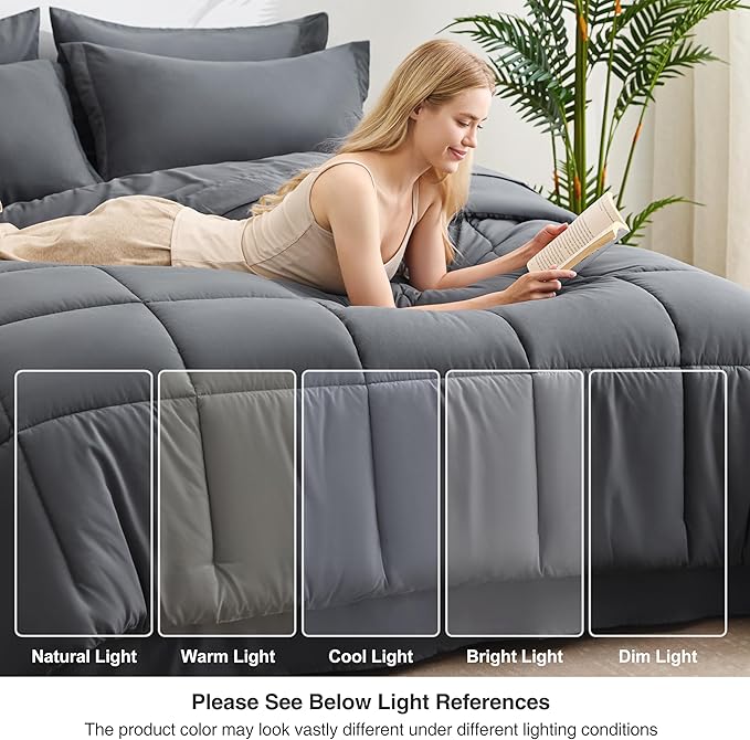 Love's cabin California King Comforter Set Soot Grey, 7 Pieces California King Bed in a Bag, All Season Bedding Sets with 1 Comforter, 1 Flat Sheet, 1 Fitted Sheet, 2 Pillowcase and 2 Pillow Sham