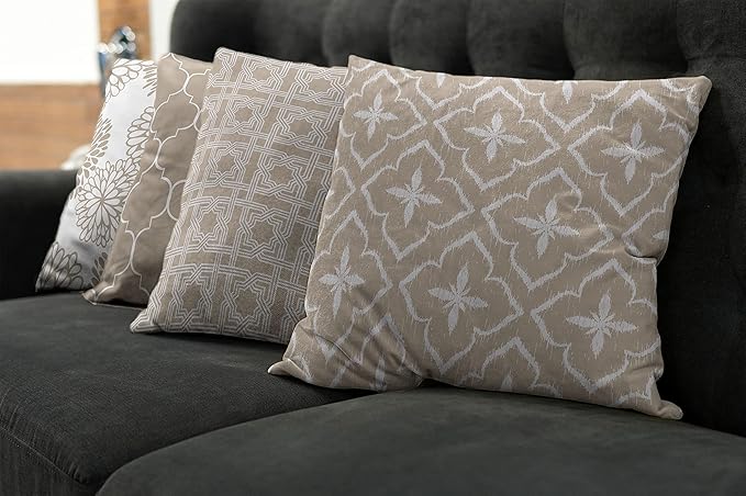 Ambesonne Vintage Throw Pillow Cushion Case Pack of 4, Monochrome Design Grid Trellis Quatrefoil Mesh and Dahlia Flowers Modern Print, Modern Accent Double-Sided Digital Printing, 24", Tan and White