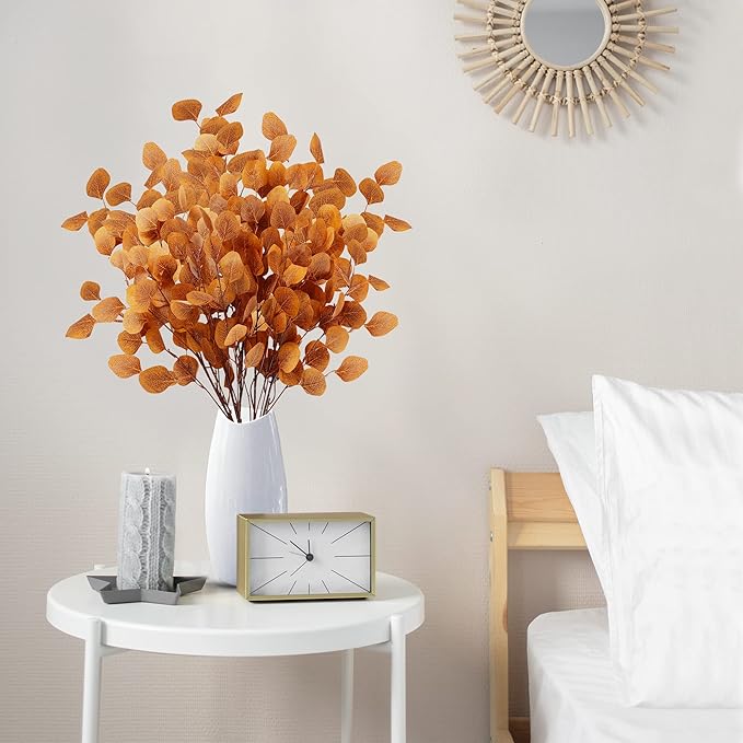 Sggvecsy 6 Pcs Fall Eucalyptus Leaves Artificial Eucalyptus Stems Long Silver Dollar Leaves Autumn Leaf Branches Fake Silk Eucalyptus for Christmas Home Autumn Festival Thanksgiving Decor(Orange)