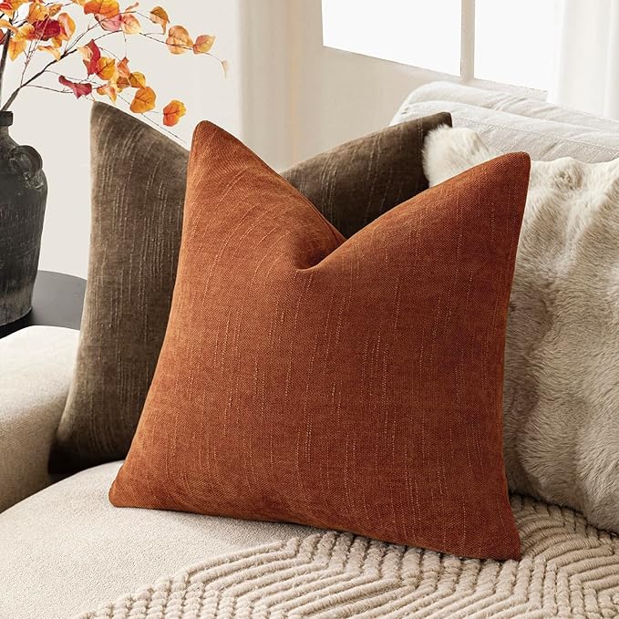 Foindtower Pack of 2 Soft Textured Chenille Throw Decorative Pillow Covers Square Accent Solid Cushion Cover Cozy Neutral Farmhouse Pillow Case for Couch Sofa Bedroom Living Room 18x18 Inch,Orange