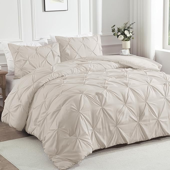 Andency Beige Comforter Set Full(79x90Inch), 3 Pieces Lightweight and Soft Comforter Set, All Season Microfiber Pinch Pleat Bedding