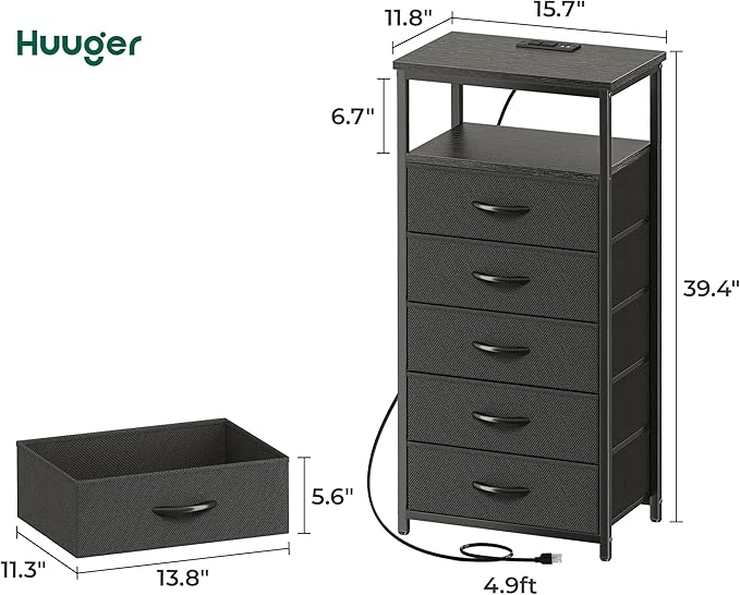Huuger 5 Drawers Dresser with Charging Station, Dresser for Bedroom, Tall Night Stand, Chest of Drawers with Open Shelf, Bedside Table Nightstand, Fabric Storage Drawers, for Entryway, Black
