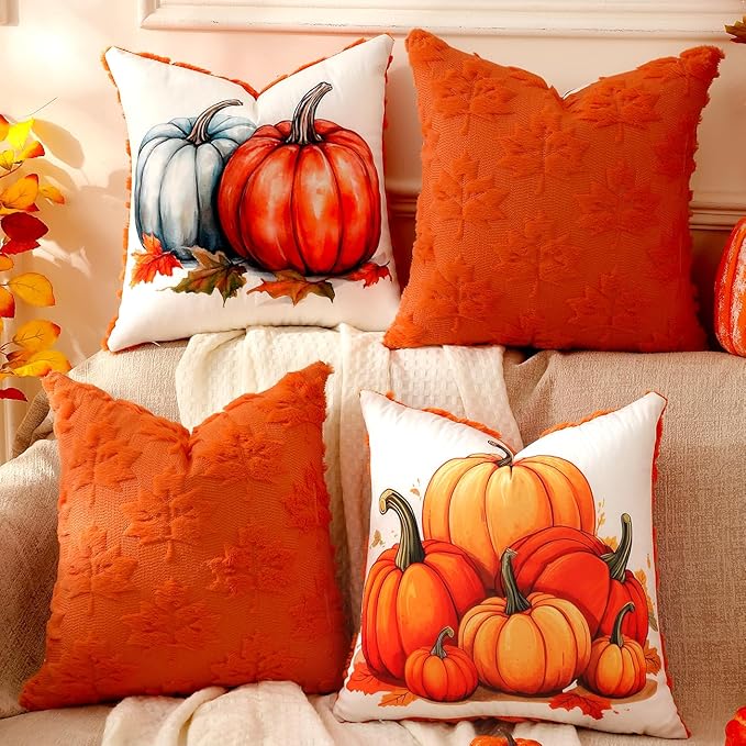 TOYPOPOR Fall Decorations 2 Packs Double Sided Throw Pillow Covers Orange Soft Faux Fur Maple Leaf Pillow Cases Autumn Harvest Thanksgiving Indoor Outdoor Home Decor for Living Room Porch Couch 18x18