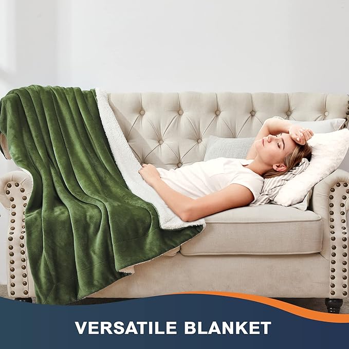 Walensee Sherpa Fleece Blanket (Throw Size 50”x60” Olive Green) Plush Throw Fuzzy Super Soft Reversible Microfiber Flannel Blankets for Couch, Bed, Sofa Ultra Luxurious Warm and Cozy for All Seasons