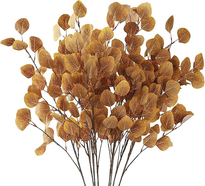 Sggvecsy 6 Pcs Fall Eucalyptus Leaves Artificial Eucalyptus Stems Long Silver Dollar Leaves Autumn Leaf Branches Fake Silk Eucalyptus for Christmas Home Autumn Thanksgiving Decor(Dark Yellow)