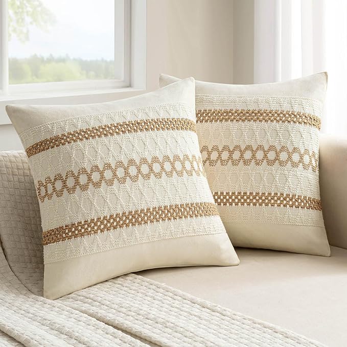 MIULEE Set of 2 Neutral Boho Decorative Pillow Covers 18x18 Inch Farmhouse Rustic Couch Throw Pillows Modern Spring Cotton Cushion Covers Retro Cute Macrame Woven Home Decor for Bed Sofa Chair
