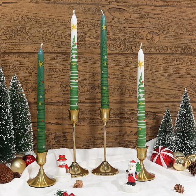 2 Pack Christmas Taper Candles, 10 Inch Unscented White Candlesticks with Christmas Tree Print Design for Holiday Table Decor, Fireplace Mantel, Advent Wreaths, Winter Weddings, Seasonal Display