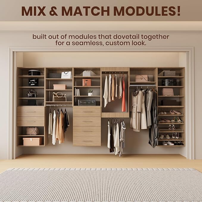 ROOMTEC 19.5" Shoe Shelf Short Tower Closet Unit, Modular Closet System with Shelf, Wardrobe Organizer for Bedroom or Walk-in Closet, Wall Mounted, Customizable Clothes Storage Unit, Wood