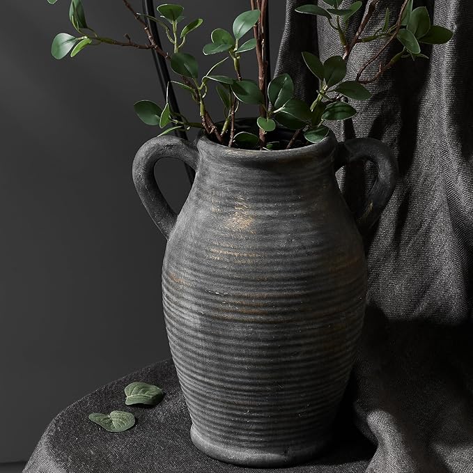 Large Ceramic Rustic Vase with 2 Handles, 9.8 inch Farmhouse Flower Vase, Minimalist for Home Decor, Living Room, Shelf Decor, Pampas Grass, Enterway, Table Decoration, Gift, Bronze