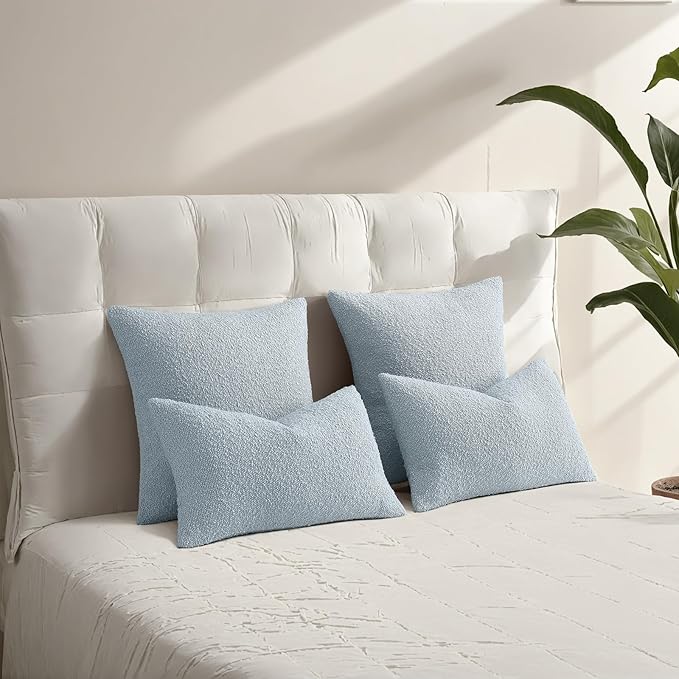 HAUSSY Set of 2 12x20 Decorative Throw Pillow Covers, Soft Cozy Textured Boucle Lumbar Pillow Cases, Home Decor for Couch Bed Living Room, Dusty Blue