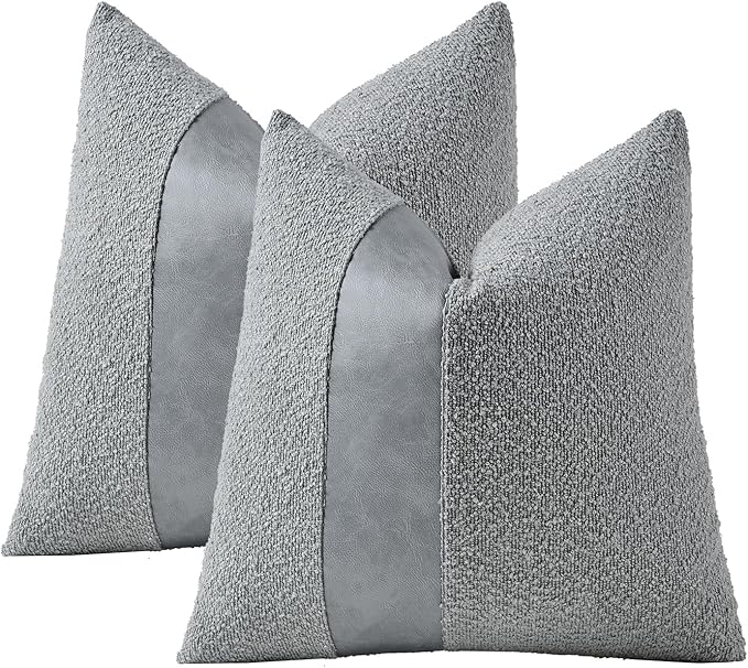 Pack of 2 Faux Leather Boucle Throw Pillow Covers 20"x20" Grey Chic Accents Textured Square Decorative Pillow Cases for Living Room Couch Bed Farmhouse Boho Home Decor