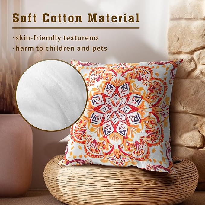 Boho Throw Pillow Covers 22x22 - Orange Floral Pillow Covers Set of 2 Bohemian Pillowcase Botanical Flowers Blossom Cushion Case for Sofa Bed Couch Home