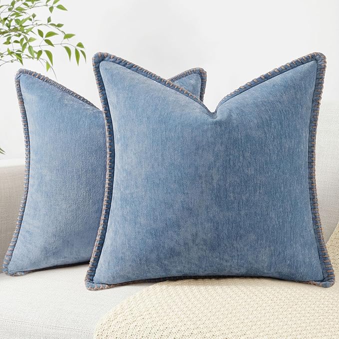 decorUhome Chenille Soft Throw Pillow Covers 20x20 Set of 2, Farmhouse Velvet Neutral Decorative Euro Pillow Covers with Stitched Edge for Couch Sofa Bed Home Decor, Blue