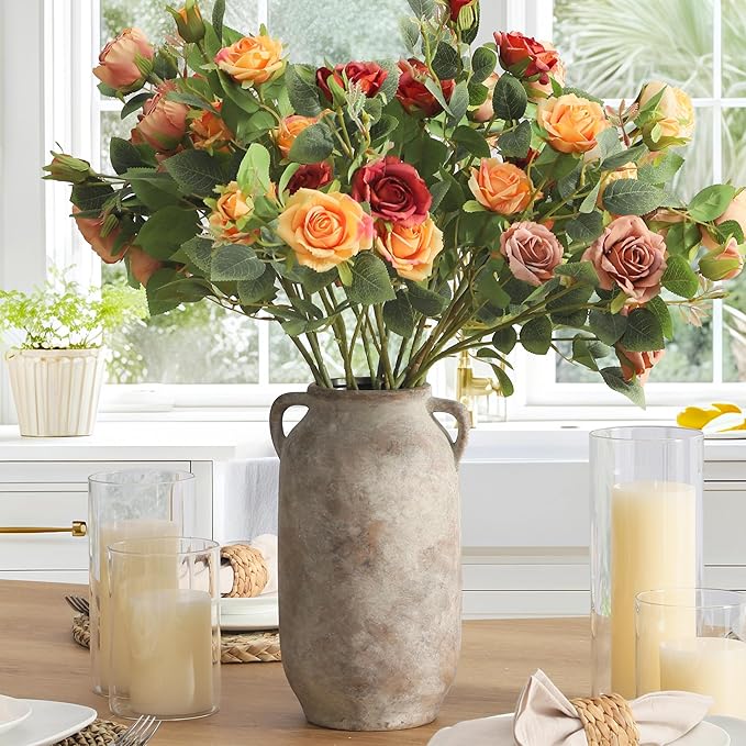 Large Flower Vase Home Decor - 12 inch Tall Ceramic Farmhouse Rustic Table Vases with Handle Living Room Decoration Decorative Modern Vintage for Floor Kitchen Shelf Coffee Dining Desk Fireplace