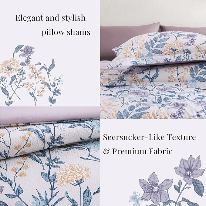 CASAAGUSTO King Comforter Set, 7 PCS Purple Iris Floral Comforter Set with Flowers Leaves Pattern, Soft Seersucker Design All Season King Size Bedding Set(102"X90")
