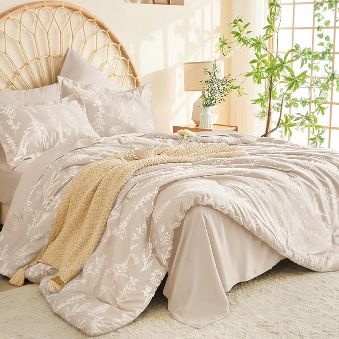 MUXHOMO Beige Full Comforter Set, Elegant Floral Print Bed in a Bag 7 Pieces, Ultra Soft & Breathable Reversible Botanical Pattern Bedding Set with Comforter, Sheets, Pillowcases, and Shams