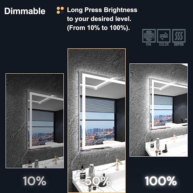 LED Bathroom Mirror 55"x 36",Front Lit and Backlit Bathroom Mirror with Lights,Stepless Dimmable,Anti-Fog, Shatter-Proof, Memory, 3 Colors Lighted Vanity Mirror (Horizontal/Vertical)