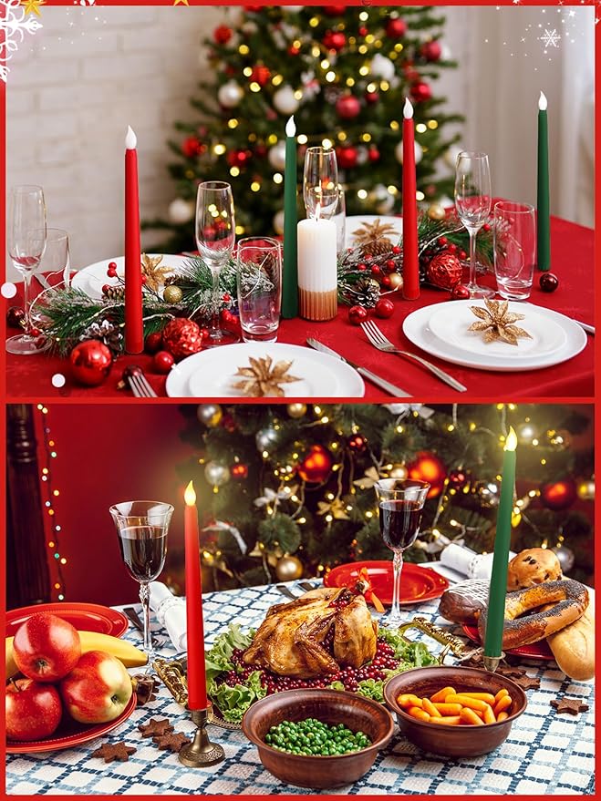 Funtery 48 Pcs Flameless LED Taper Candles 11 Inch Battery Operated Flickering Candles Bulk for Christmas Church Wedding Party (Red, Green, Classic Style)