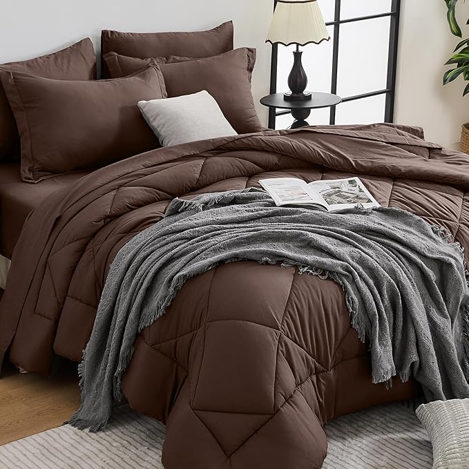 HEVUMYI Brown King Comforter Set - 7-Piece All Season Bed in a Bag King, Ultra Soft Bedding Set with Comforter, Flat Sheet, Fitted Sheet, Pillowcases, Pillow Shams