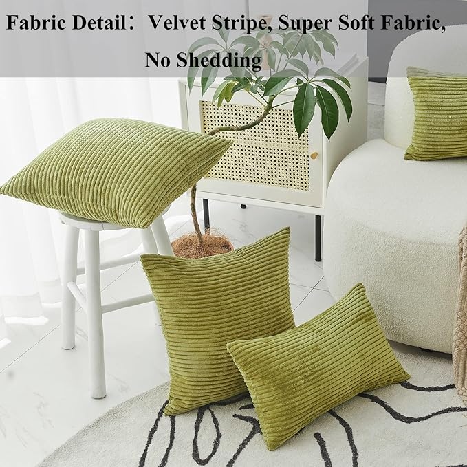 Home Brilliant Set of 2 Green Spring Pillow Covers Euro Pillow Shams 26x26 Striped Velvet Corduroy Decorative Europe Sham Throw Pillow Covers for Couch, 26 x 26 inch, Grass Green