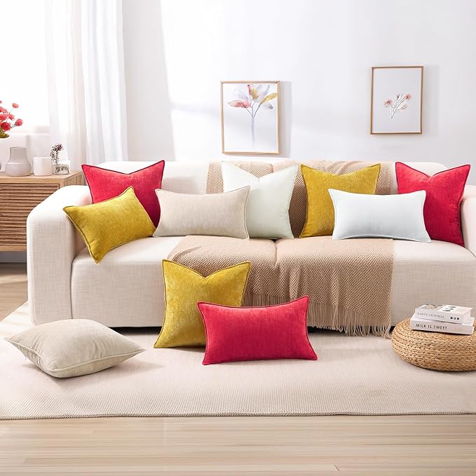 decorUhome Christmas Couch Throw Pillow Covers 22x22 Set of 2, Decorative Soft Euro Neutral Chenille Pillow Covers with Elegant Design for Sofa Bed Living Room Home Decor, Red
