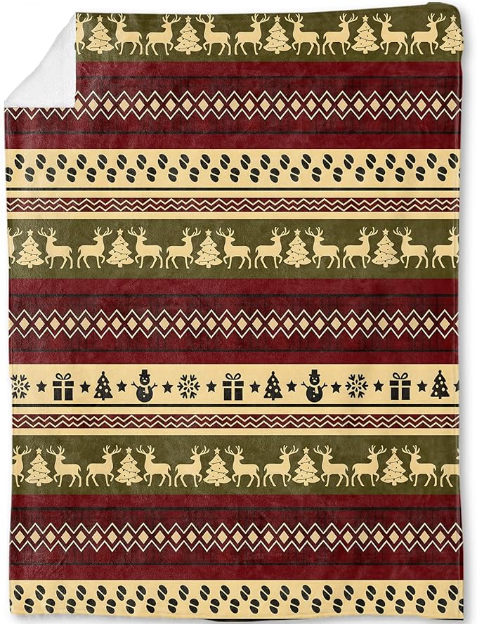 Vintage Christmas Decorative Throw Blanket, Reindeer Snowman Tree Print Decoration, Soft Flannel Winter Blankets for Couch Bed Sofa, Holiday Home Decor, Xmas Festival Gifts 50x60 Inch