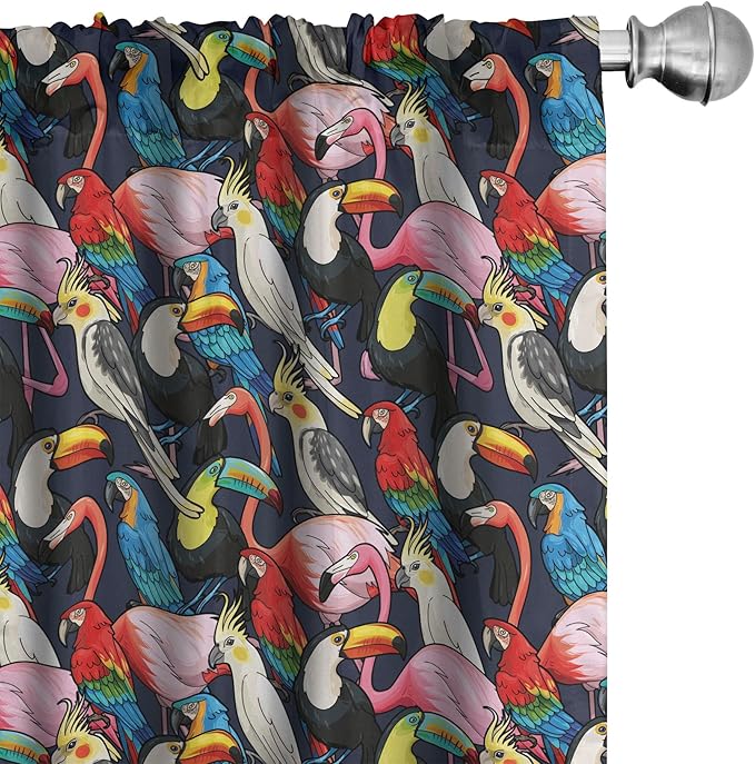 Ambesonne Animal 2 Panel Curtain Set, Colorful Exotic Birds Cockatoo Flamingo Macaw Parrot Toucan Tropic Wildlife Art, Window Treatment Living Room Bedroom Decor, Pair of - 28" x 63", Red Grey