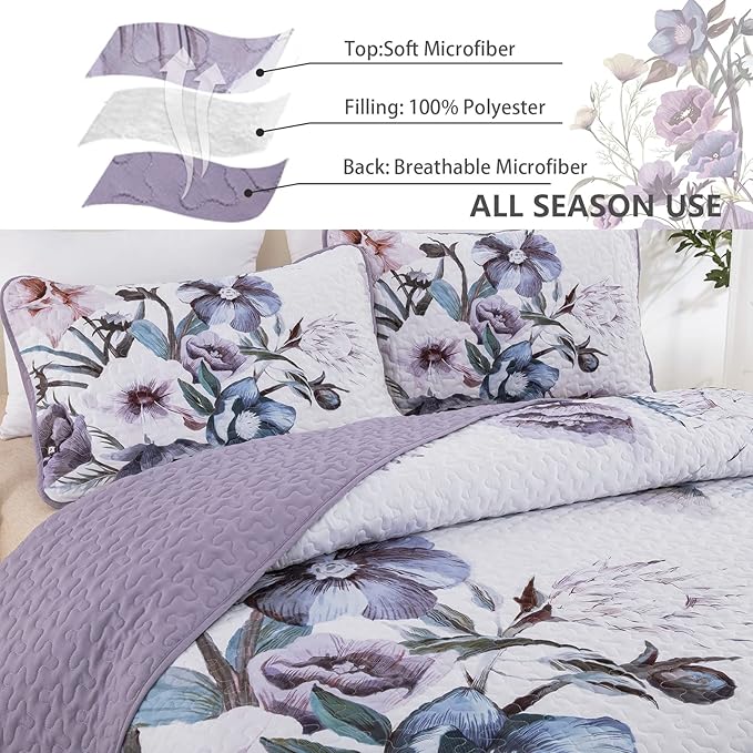Drucon Purple Floral Quilt Set King Size 3 Pieces Purple Botanical Flower Quilt Coverlet Set Soft Microfiber Lightweight Quilted Bedspread for All Season 104"x90"