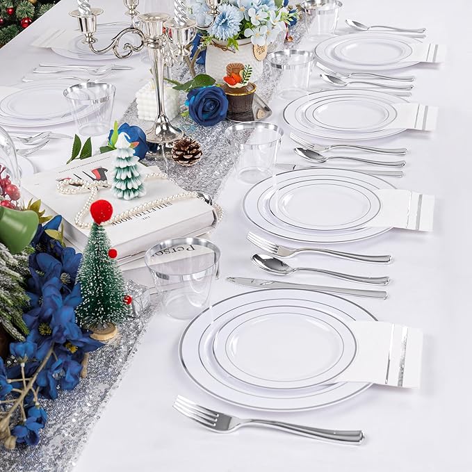 GATHER 700PCS Silver Plastic Plates - Silver Plate Set 100Guest - Disposable Dinnerware Sets 100Silver Rim Dinner Plates 100Silver Dessert Plate 100Paper Napkins&Cups&silver Plastic Silverware Set