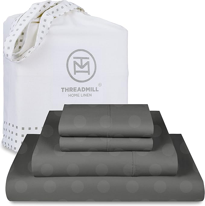 Threadmill Cotton Queen Sheet Set | 100% Cotton Sheets for Queen Size Bed | Damask Jacquard Queen Bed Sheets Set with 16” Deep Pocket | Soft Sateen Weave 4-Piece Cooling Bedding Set | Dark Grey