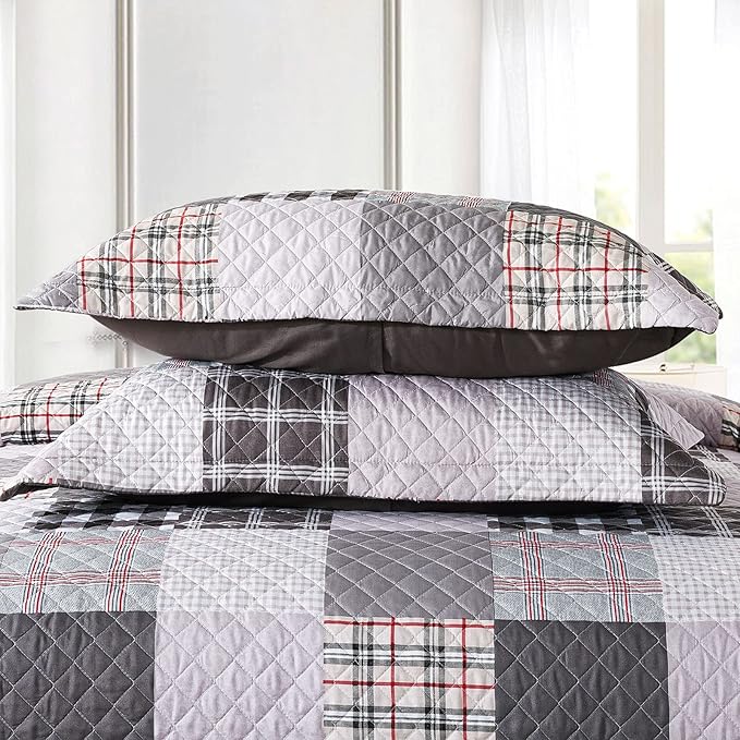 Travan Quilt Set 3-Piece Oversized Quilted Bedspread Coverlet Set Grey European British Grid Patchwork Bedding Set, King Size