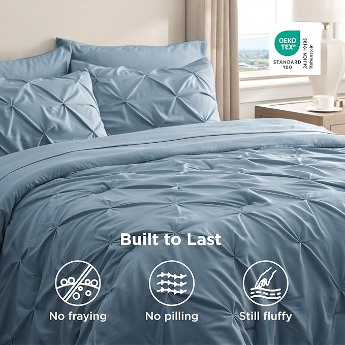 Bedsure Queen Comforter Set Mineral Blue - Bed in a Bag Queen 7 Pieces, Pintuck Bedding Sets Gift for Christmas, Pinch Pleat Bed Set with Queen Size Comforter, Sheets, Pillowcases & Shams