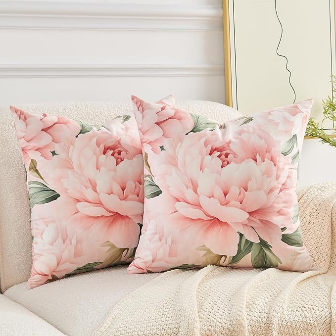 Pink Floral Throw Pillow Covers 18x18 Set of 2, Decorative Peony Flower Cushion Cases, Soft Holland Velvet Cushion Covers for Farmhouse Sofa Couch Bed Home Decor