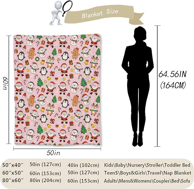 Christmas Blanket, Soft Lightweight Flannel Cute Santa Snowman Penguin Gingerbread Throw Blanket for Couch, Bed, Travel & Decor Gifts, Cozy Warm Fuzzy Holiday Blankets for Adults Women Girls 50×40 in