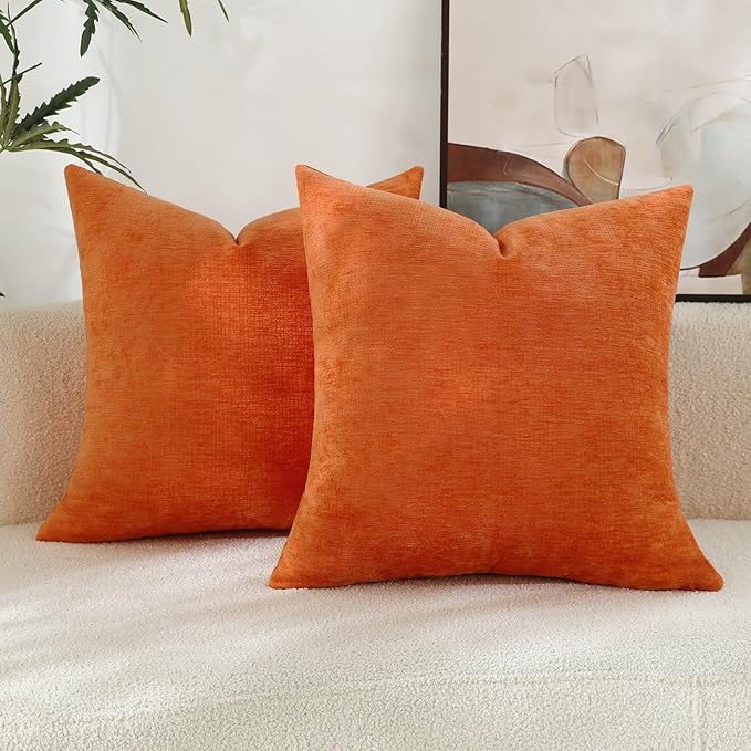 Bright Orange Chenille Decorative Couch Throw Pillow Covers, Soft Cushion Cases for Home Livingroom Sofa Décor, Pack of 2, 20 x 20 Inches