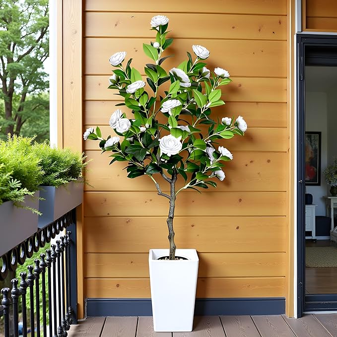 5Ft Artificial Camellia Tree in White Pot, White Faux Plant Indoor Outdoor (61"), Tall Flower Plant for Porch & Living Room Office Decor