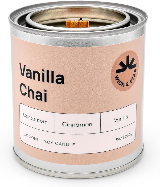 Wick & Star Vegan Non-Toxic, Wood Wick, Natural Coconut Soy Wax Aromatherapy Candle, Clean Burning (Vanilla Chai)