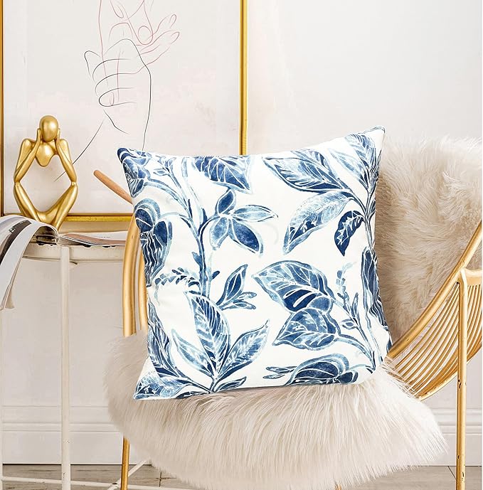 Decorative Throw Pillow Covers Set of 2 Blue Leaves Pillow Covers 18x18 inch Super Soft Short Plush Square Floral Throw Pillows,Farmhouse Outdoor Pillow Covers for Couch Bed Living Room
