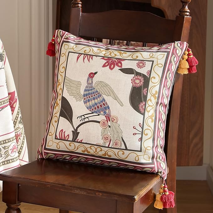 patdrea Designer Throw Pillow Cover 18"x18",Vintage Bird and Floral Pattern Linen Pillows Cover with Red and Yellow Pendant Charms,Square Decorative Pillowcases for Living Room Outdoor,Set of 2