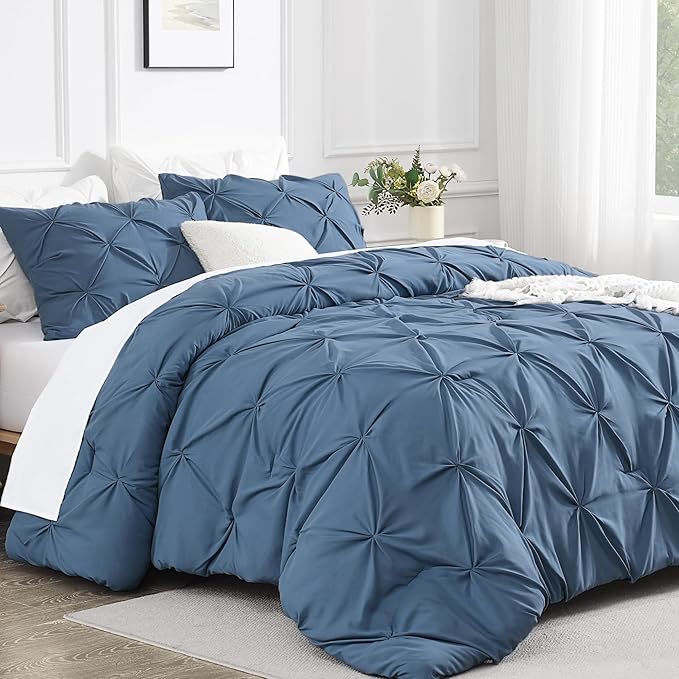 Andency Ocean Blue Queen Comforter Set, 3 Piece All Season Decorative Pintuck Bedding Comforter & Sets, Ocean Blue Soft Microfiber Lightweight Washable Bed Set for Queen Size Bed