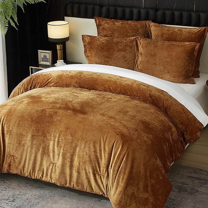 Ivellow Crushed Velvet Comforter Set Queen Size - 5pcs Luxury Bedding Set with 1 Comforter, 2 Pillow Shams, 2 Euro Shams - Ultra Soft, Breathable, Cozy Flannel - Harvest Gold